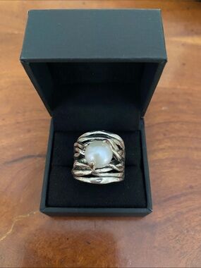 Artisan Pearl Wide Band Sterling Silver Ring Size 8